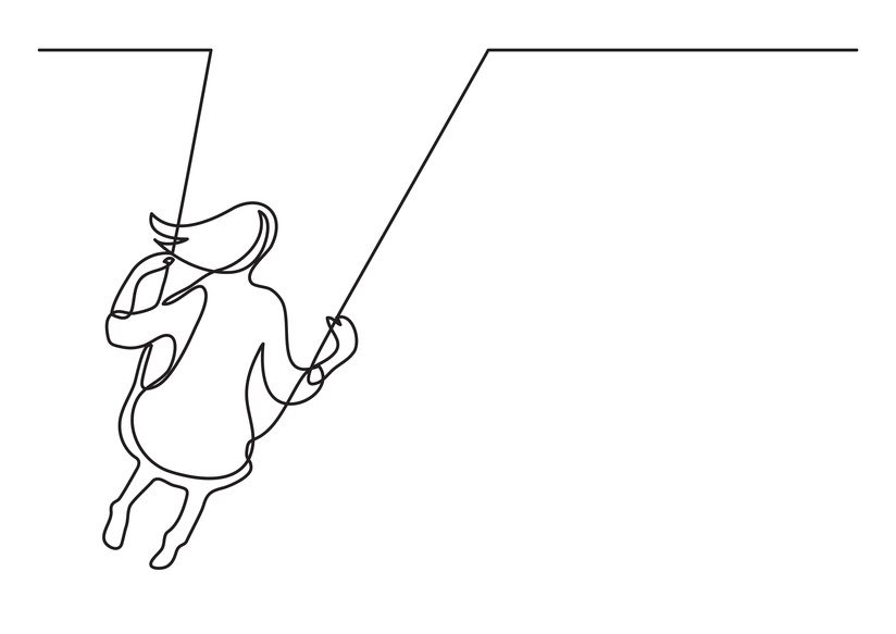 continuous line drawing of girl swinging on swing