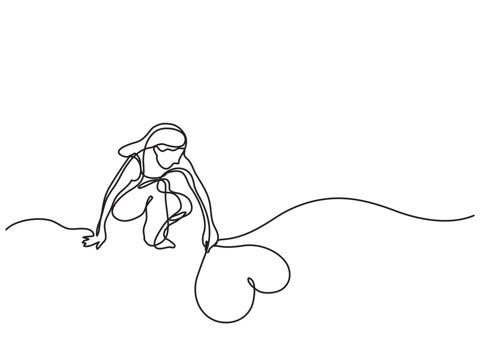 continuous line drawing of business concept - woman drawing heart on sand continuous line drawing of business concept - woman drawing heart on sand